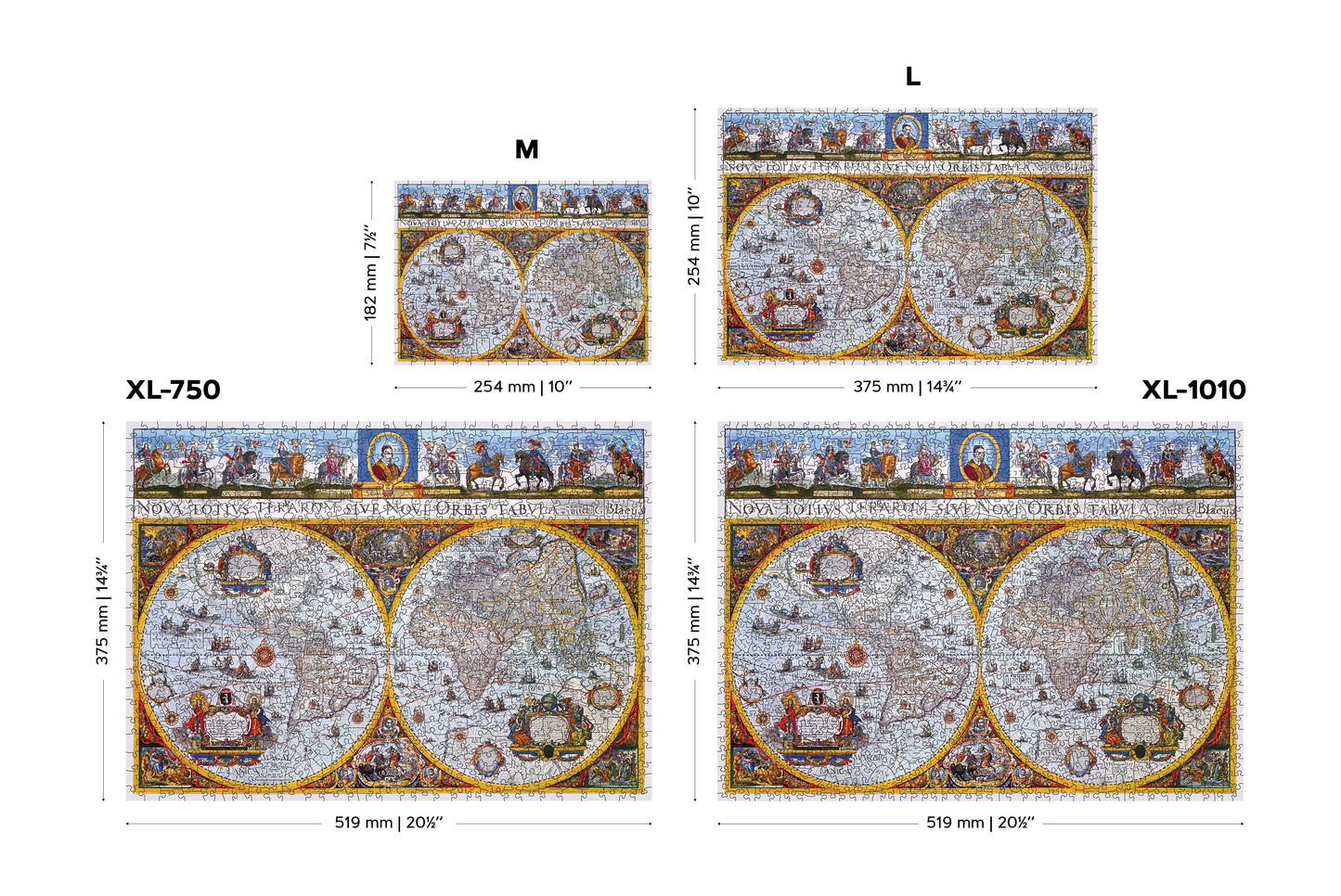 Wooden Jigsaw Puzzle "Map Nova Terrarum" 200, 500, 1000 pcs Antique Adults Kids Colourful Unique Shaped Pieces Wooden.City