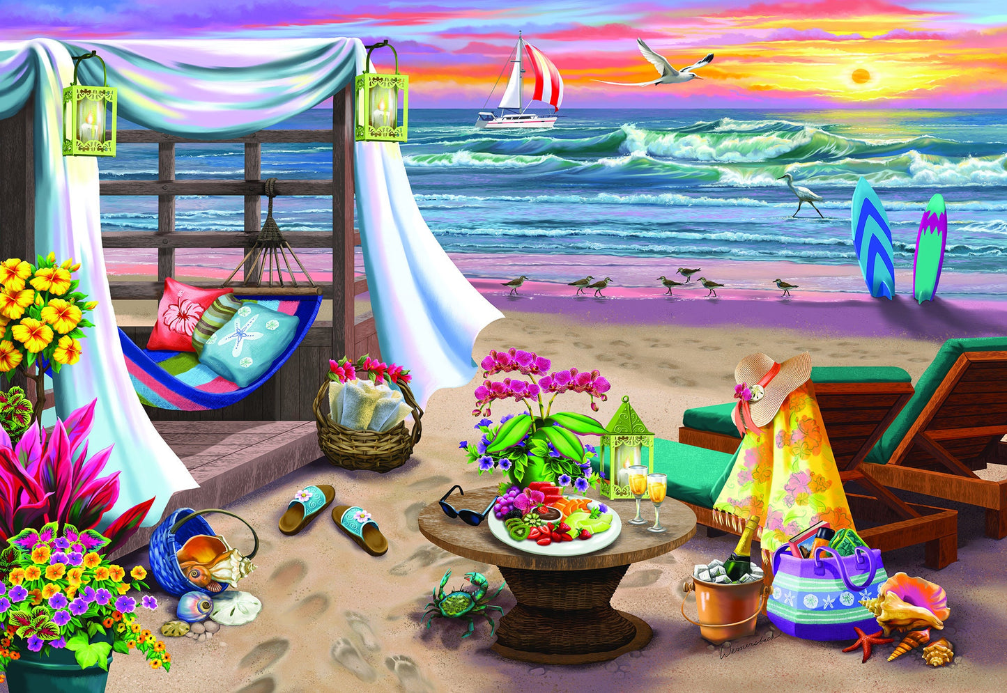 Wooden Jigsaw Puzzle "Summertime" 200, 500, 750, 1000 pcs Beach Oasis Adults Kids Landscape Unique Shaped Pieces Wooden.City