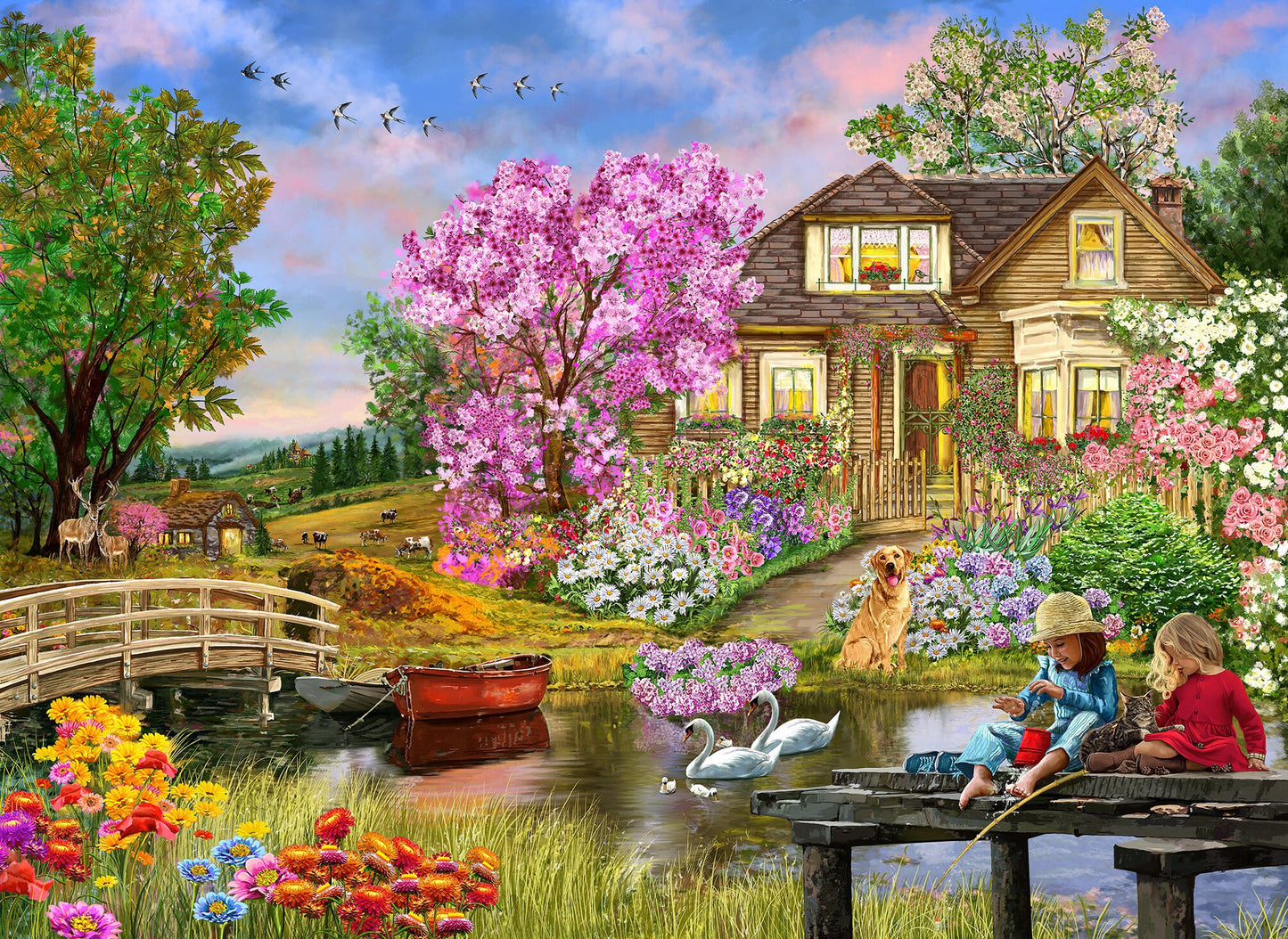 Wooden Jigsaw Puzzle "Springtime Cottage" 200, 500, 1000 pcs Garden Home Adults Kids Unusual Shape Pieces Wooden.City