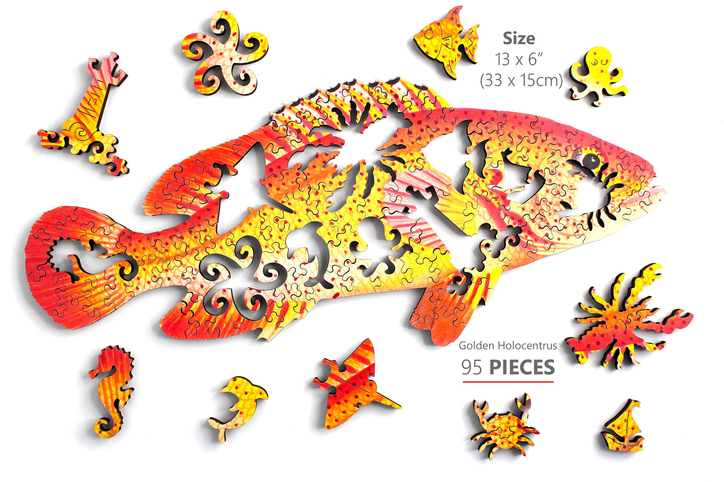 Fish Wooden Jigsaw Puzzle - Chaetodon Red and Pink Tropical Fish - Challenging puzzle game for children and adults