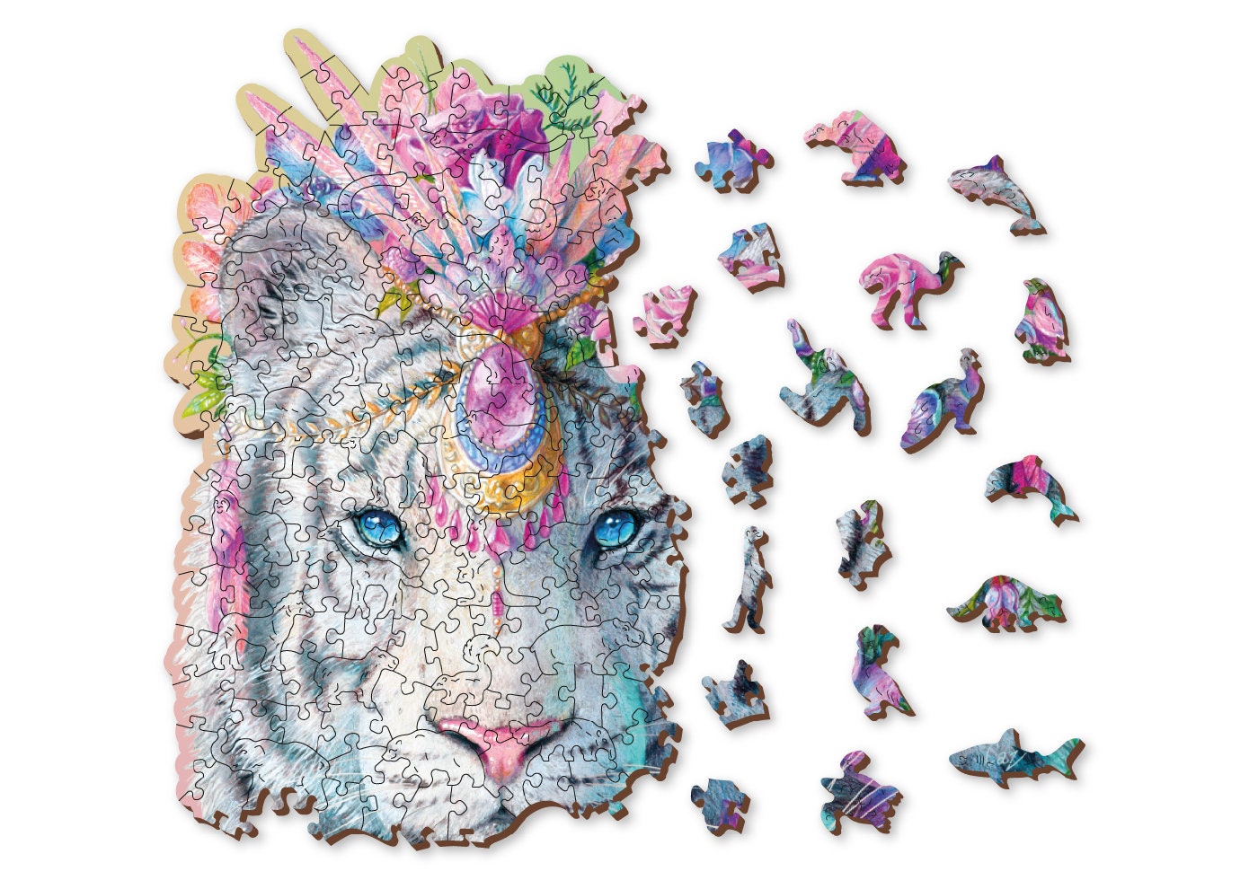 Wooden Jigsaw Puzzle "Mystic Tiger" 250, 500 pcs Unique Unusual Animal Shaped Pieces Mosaic Puzzle Kids Adults Wooden City