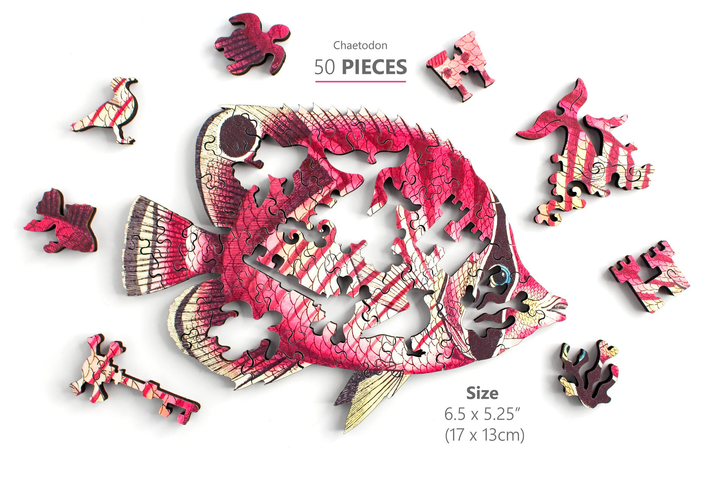 Fish Wooden Jigsaw Puzzle - Chaetodon Red and Pink Tropical Fish - Challenging puzzle game for children and adults