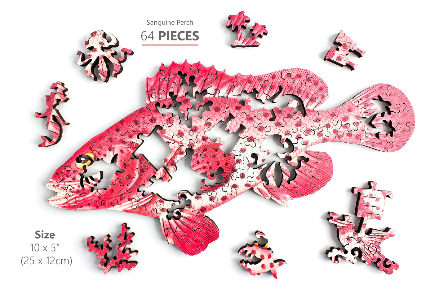 Fish Wooden Jigsaw Puzzle - Chaetodon Red and Pink Tropical Fish - Challenging puzzle game for children and adults