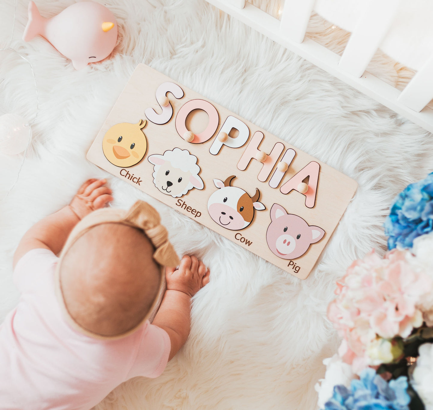 Baby Girl Name Puzzle, Personalized Puzzle With Farm Animals, 3 Years Old, Easter Gifts For Kids, Wooden Toddler Toys, Montessori Board