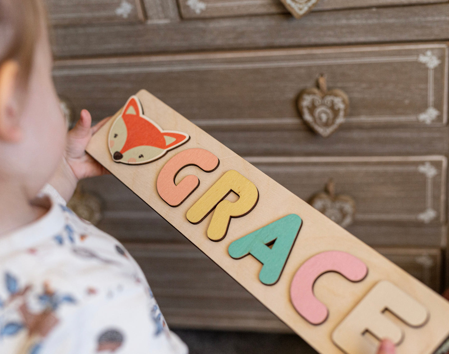 Wooden Name Puzzle with Animals Shapes and Letters  -Educational Toys - Montessori - Birthday Gift - Nursery Decoration