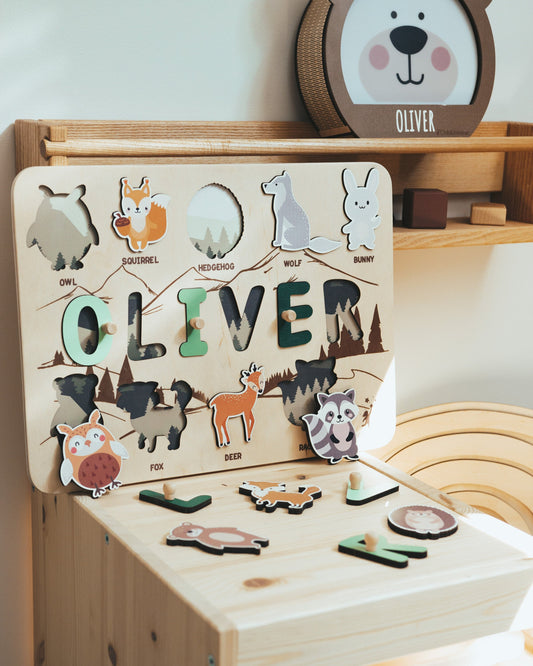 Name Puzzle for Toddler, Baby Boy 1st Birthday Gift, Woodland Animals Nursery, Kids Name Puzzle 2nd, 3rd Birthday Gift, Wood Montessori Toys