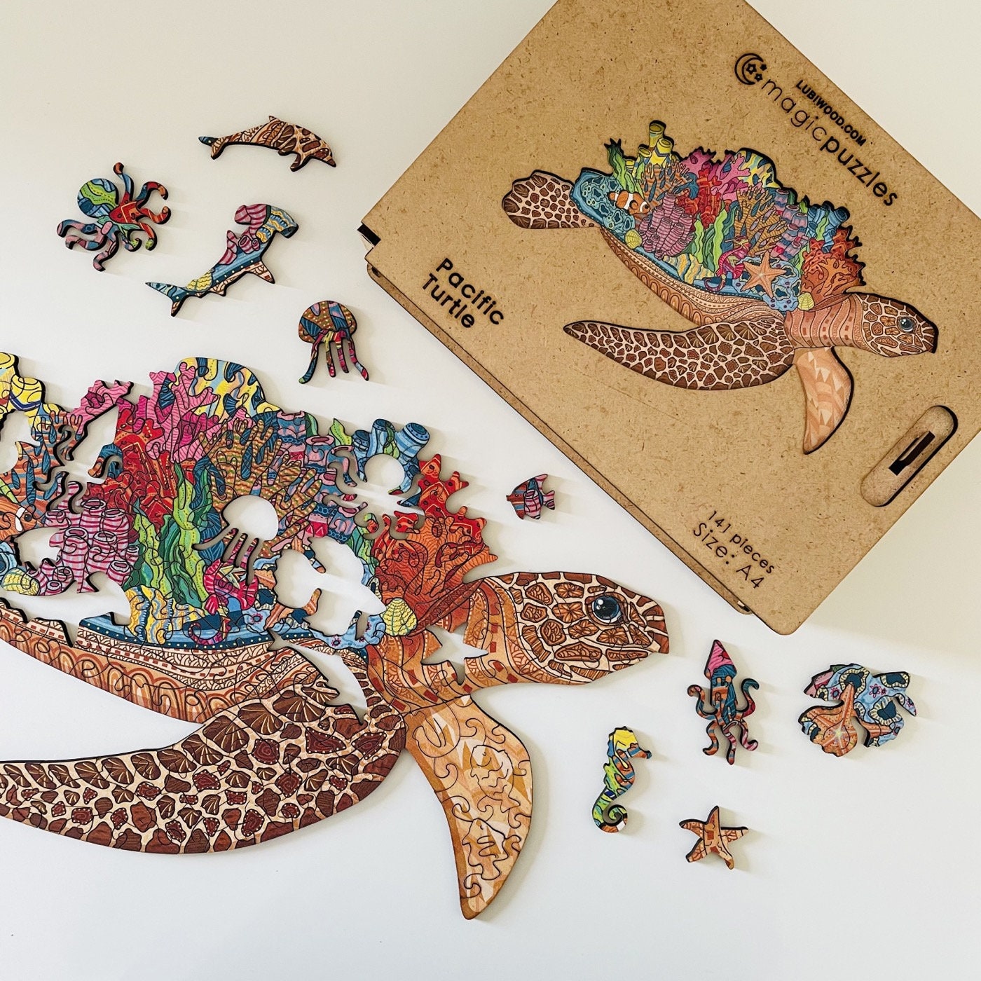 Pacific Turtle Wooden Jigsaw Puzzle for Adults and Kids | Laser Cut Premium Wood | Animal Shaped 3D Puzzle Pieces | Unique Gift