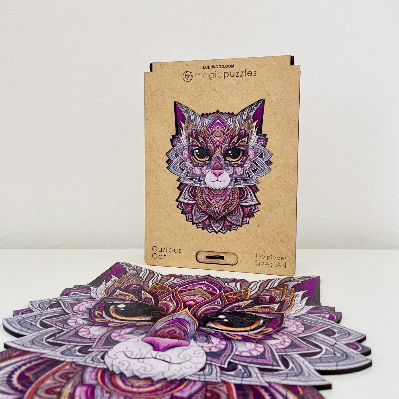 Curious Cat Wooden Jigsaw Puzzle for Adults and Kids | Laser Cut Premium Wood | Animal Shaped 3D Puzzle Pieces | Unique Gift