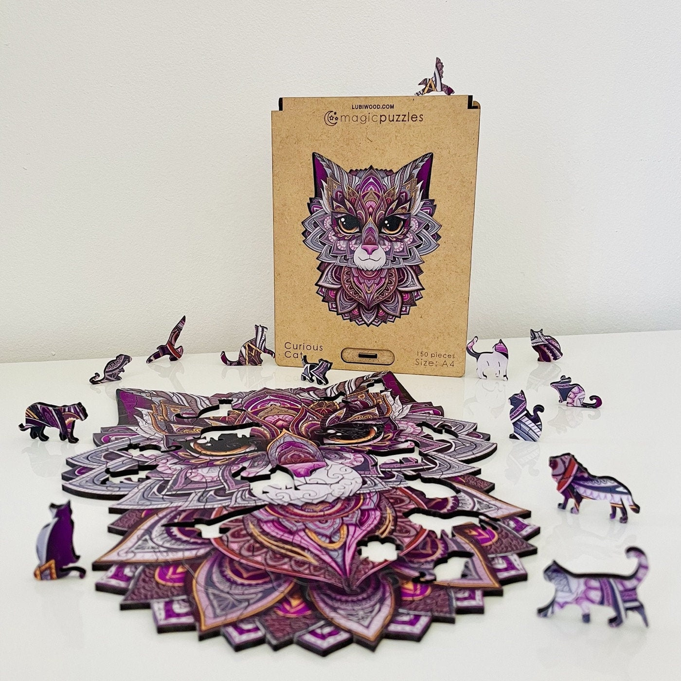 Curious Cat Wooden Jigsaw Puzzle for Adults and Kids | Laser Cut Premium Wood | Animal Shaped 3D Puzzle Pieces | Unique Gift