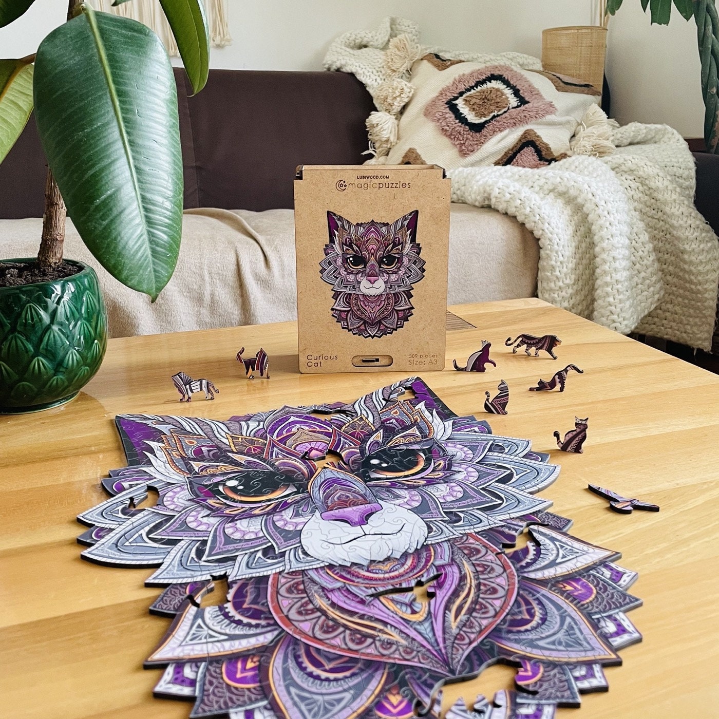 Curious Cat Wooden Jigsaw Puzzle for Adults and Kids | Laser Cut Premium Wood | Animal Shaped 3D Puzzle Pieces | Unique Gift