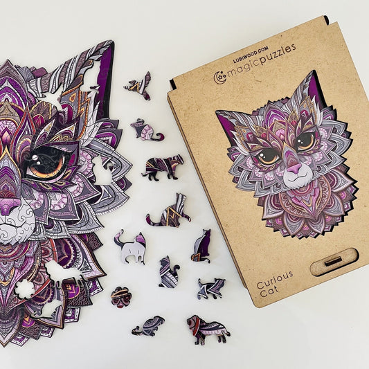 Curious Cat Wooden Jigsaw Puzzle for Adults and Kids | Laser Cut Premium Wood | Animal Shaped 3D Puzzle Pieces | Unique Gift