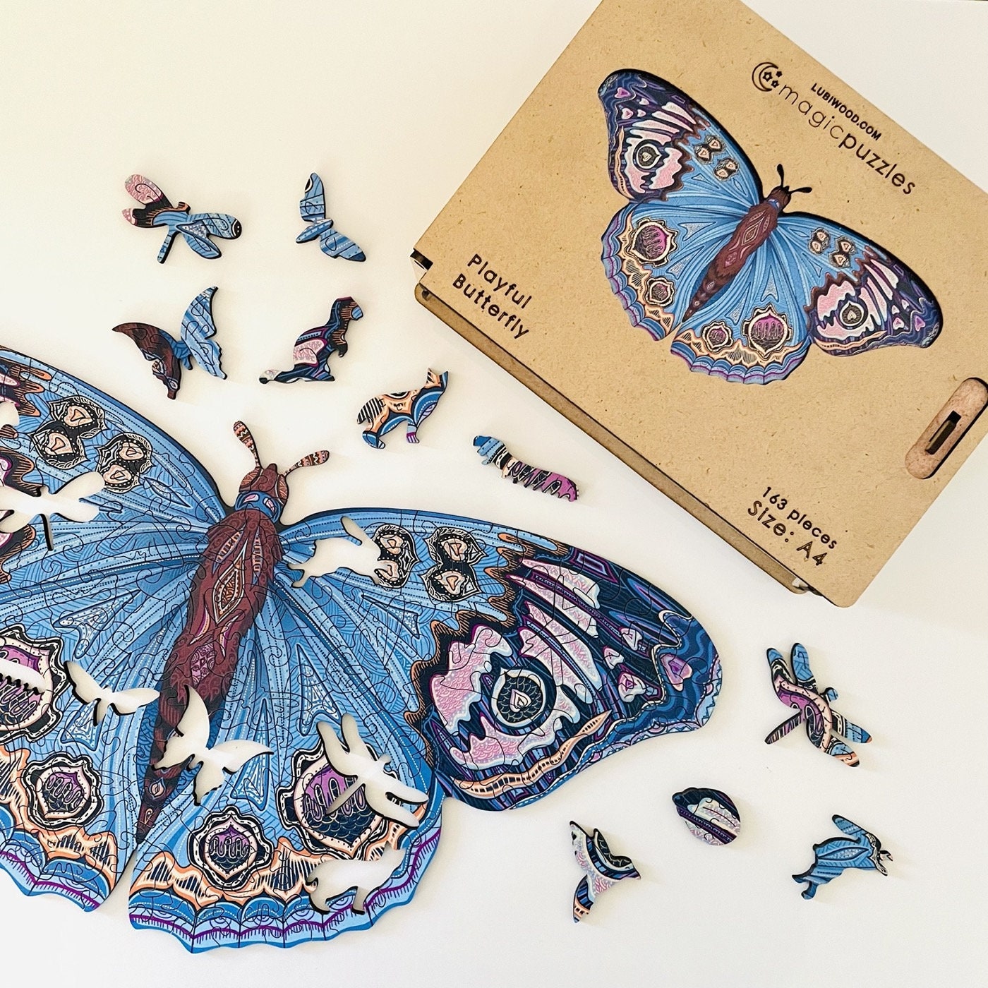 Playful Butterfly Wooden Jigsaw Puzzle for Adults and Kids | Laser Cut Premium Wood | Animal Shaped 3D Puzzle Pieces | Unique Gift