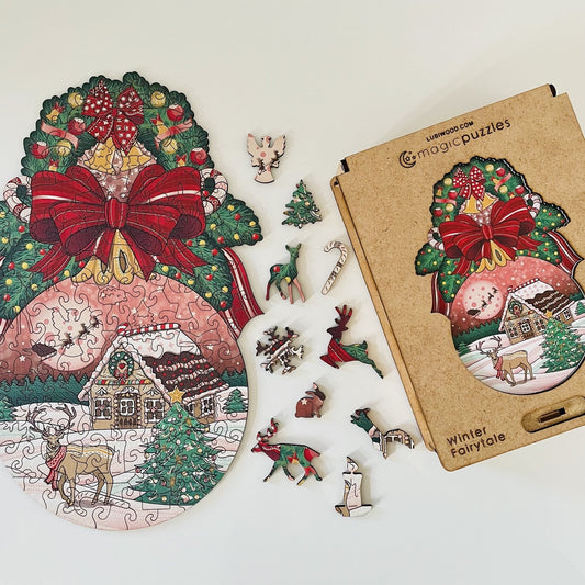 Winter Fairytale Wooden Jigsaw Puzzle for Adults and Kids | Laser Cut Premium Wood | Animal Shaped 3D Puzzle Pieces | Unique Gift