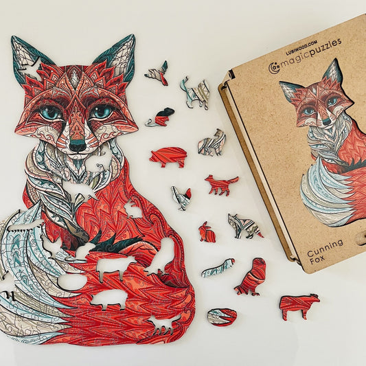 Cunning Fox Wooden Jigsaw Puzzle for Adults and Kids | Laser Cut Premium Wood | Animal Shaped 3D Puzzle Pieces | Unique Gift