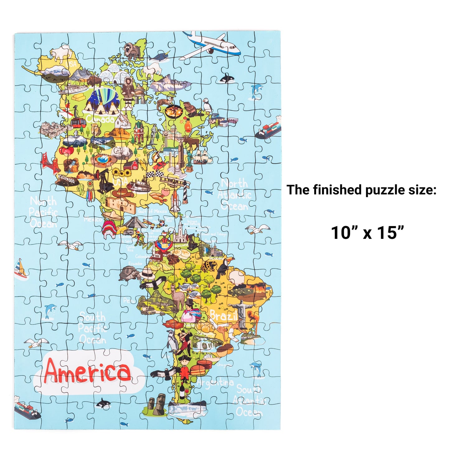 America Continent Map Wooden Jigsaw Puzzle, Educational Illustrated Map Puzzle for Children, Food Cultural Trademark, Kids Wood Board Games