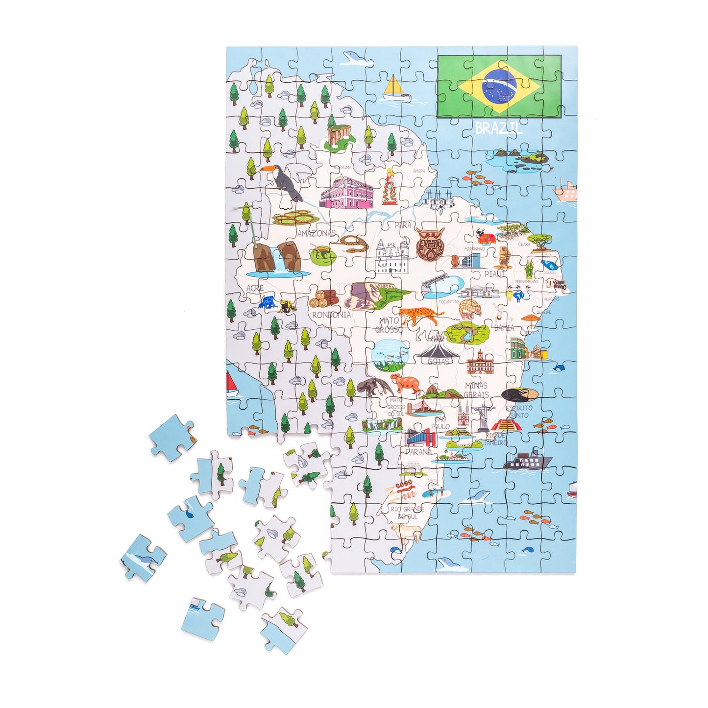 Brazil Map Wooden Jigsaw Puzzle for kids 6+,  Handmade Educational Montessori Board Games, Brazilian Food and Cultural Landmark.