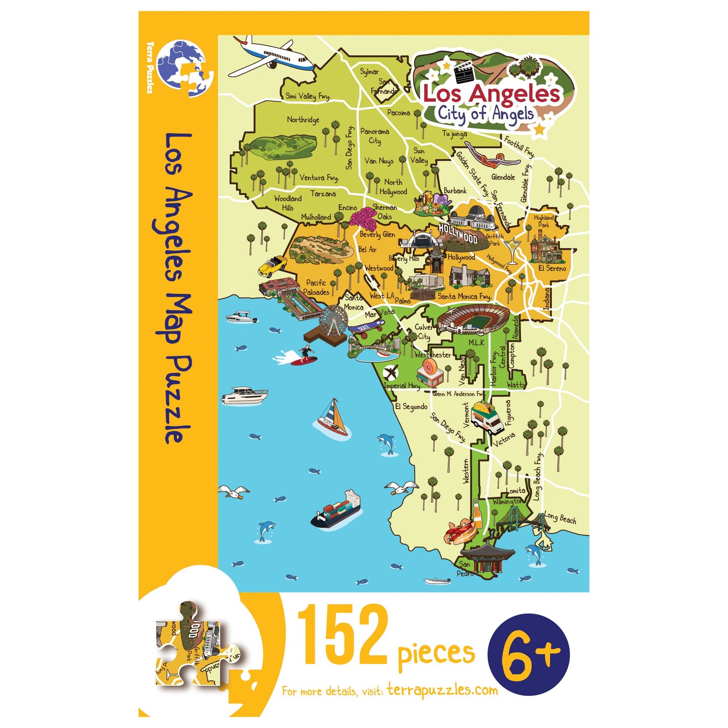 Los Angeles Map Wooden Jigsaw Puzzle for Children, Hollywood City Map Puzzle, California State Map Board Games.