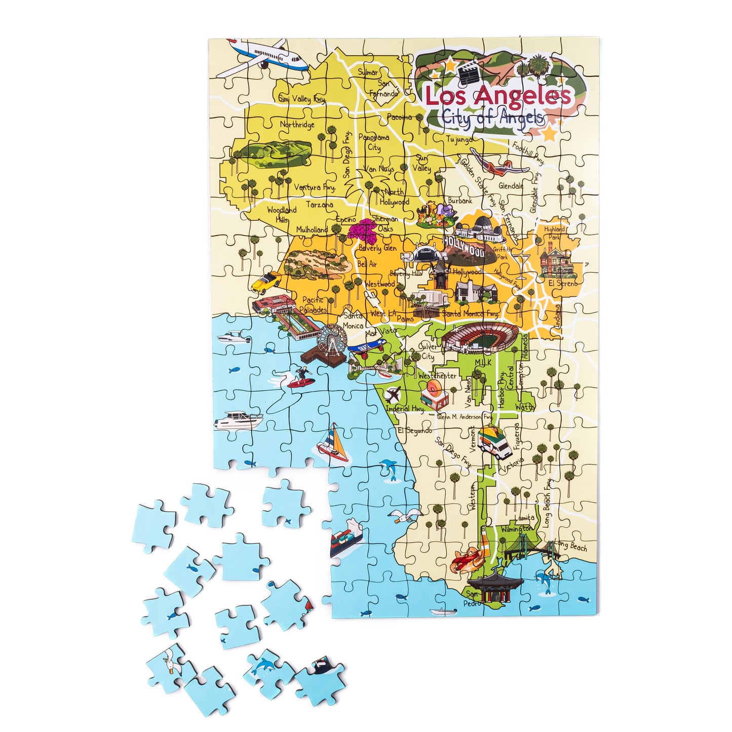 Los Angeles Map Wooden Jigsaw Puzzle for Children, Hollywood City Map Puzzle, California State Map Board Games.