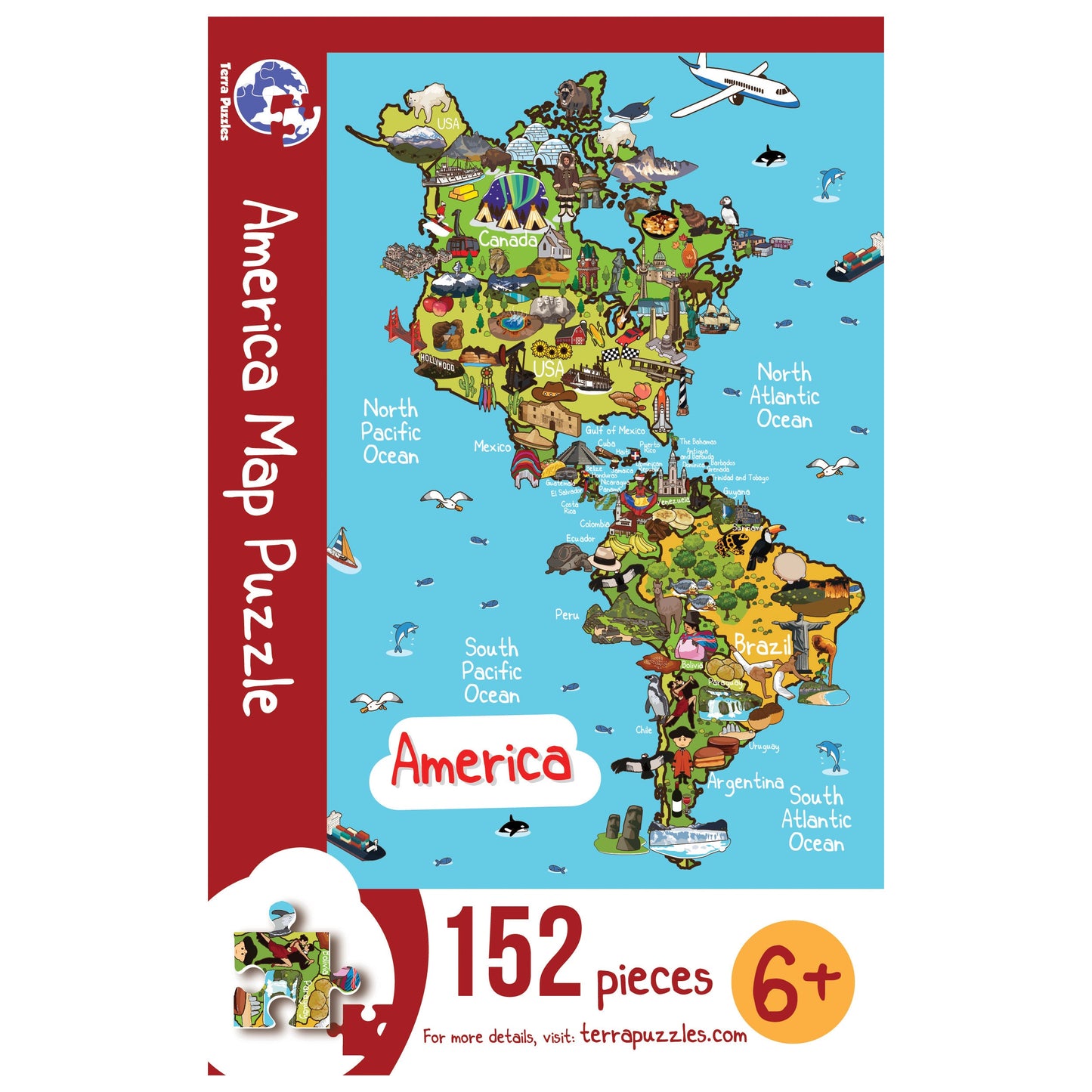 America Continent Map Wooden Jigsaw Puzzle, Educational Illustrated Map Puzzle for Children, Food Cultural Trademark, Kids Wood Board Games