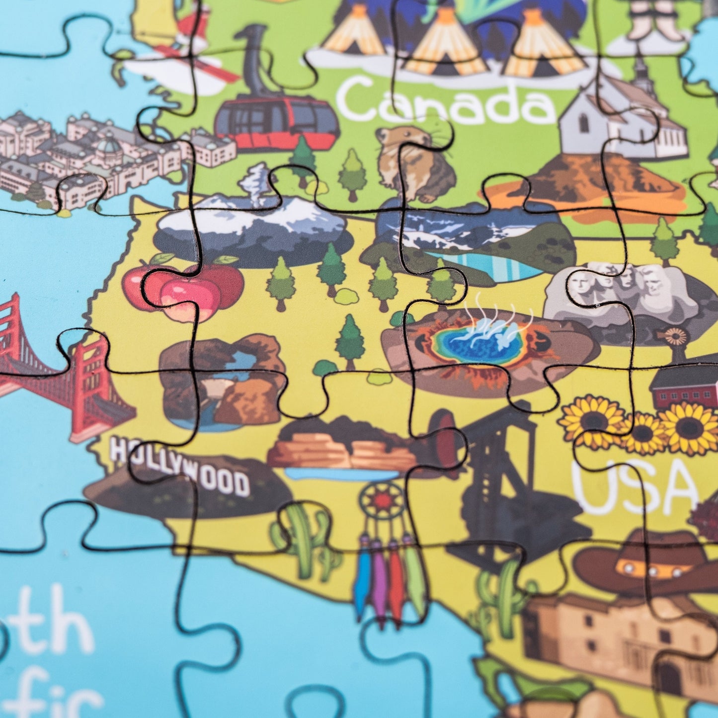 America Continent Map Wooden Jigsaw Puzzle, Educational Illustrated Map Puzzle for Children, Food Cultural Trademark, Kids Wood Board Games