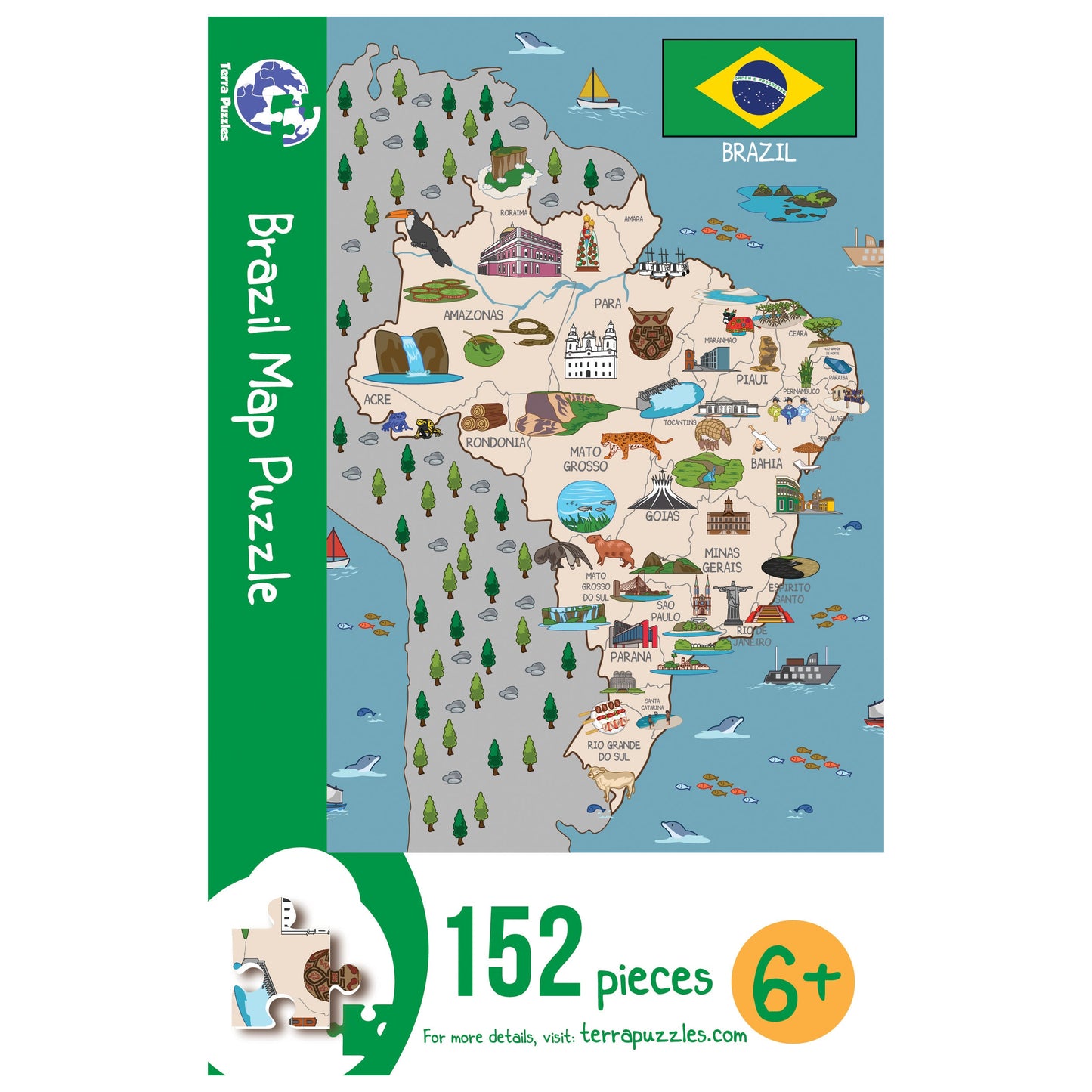 Brazil Map Wooden Jigsaw Puzzle for kids 6+,  Handmade Educational Montessori Board Games, Brazilian Food and Cultural Landmark.