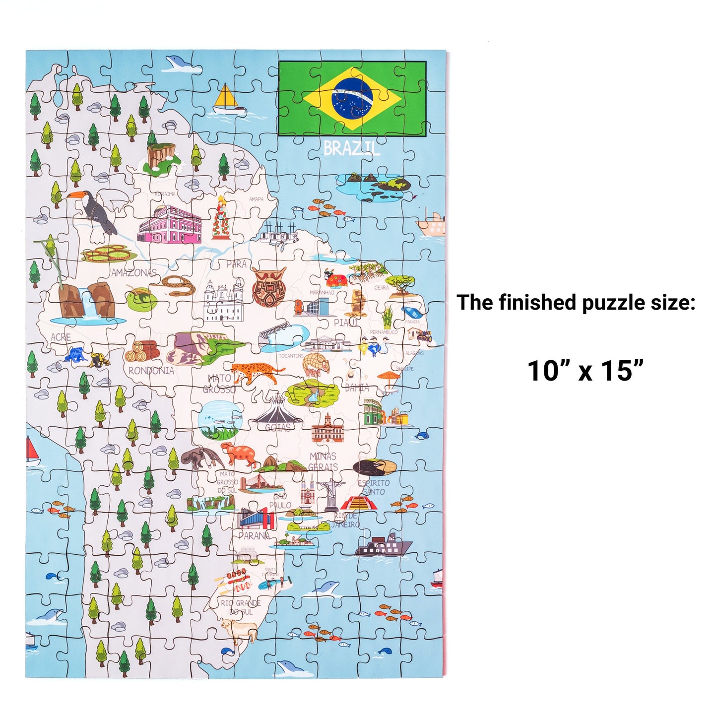 Brazil Map Wooden Jigsaw Puzzle for kids 6+,  Handmade Educational Montessori Board Games, Brazilian Food and Cultural Landmark.