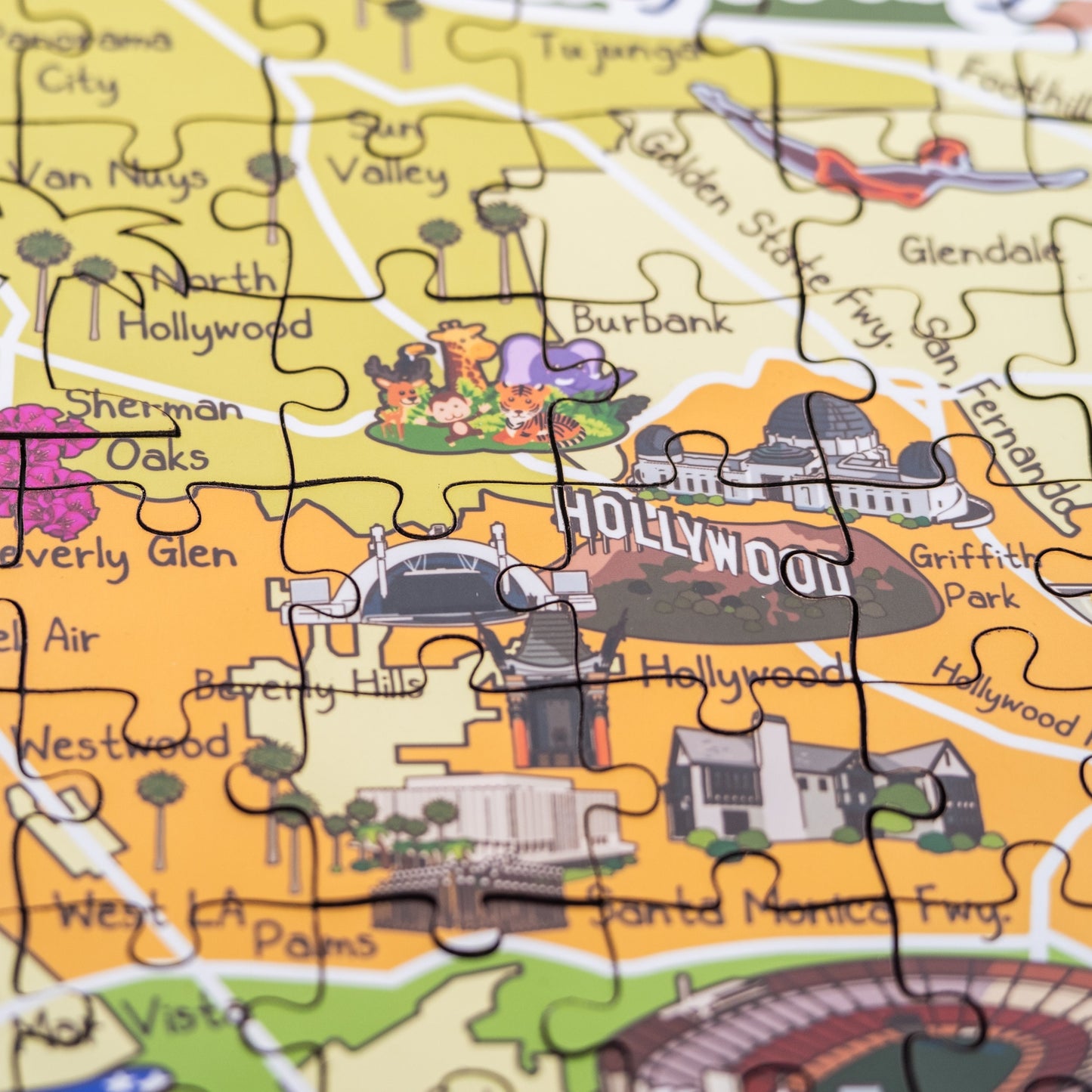 Los Angeles Map Wooden Jigsaw Puzzle for Children, Hollywood City Map Puzzle, California State Map Board Games.