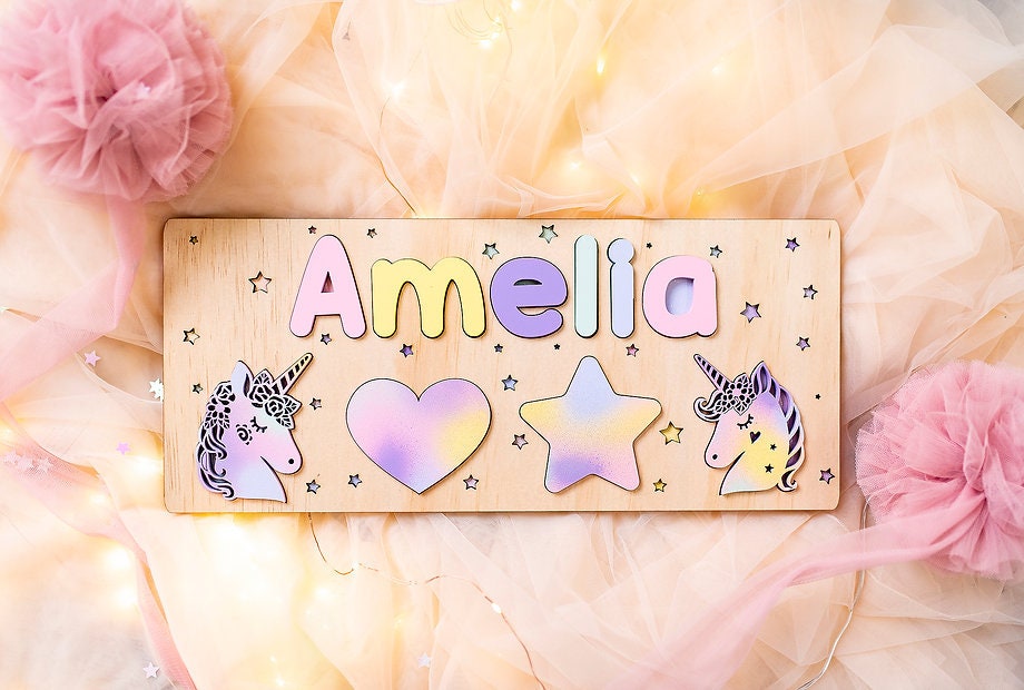 Personalized Unicorn Wooden Name Puzzle, Baby Gift, Nursery Decor, Pastel Rainbow, Kids puzzle, Wood puzzle, 1st BirthdayName Puzzle, Shapes