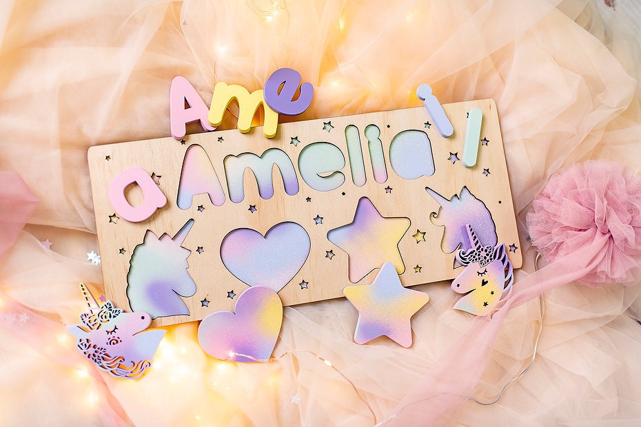 Personalized Unicorn Wooden Name Puzzle, Baby Gift, Nursery Decor, Pastel Rainbow, Kids puzzle, Wood puzzle, 1st BirthdayName Puzzle, Shapes