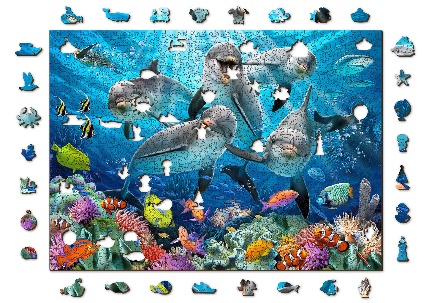 Wooden Jigsaw Puzzle 200, 500+5, 750, 1000+10 pieces "Happy Dolphins" | Family gift |  Wooden City | Birthday gift