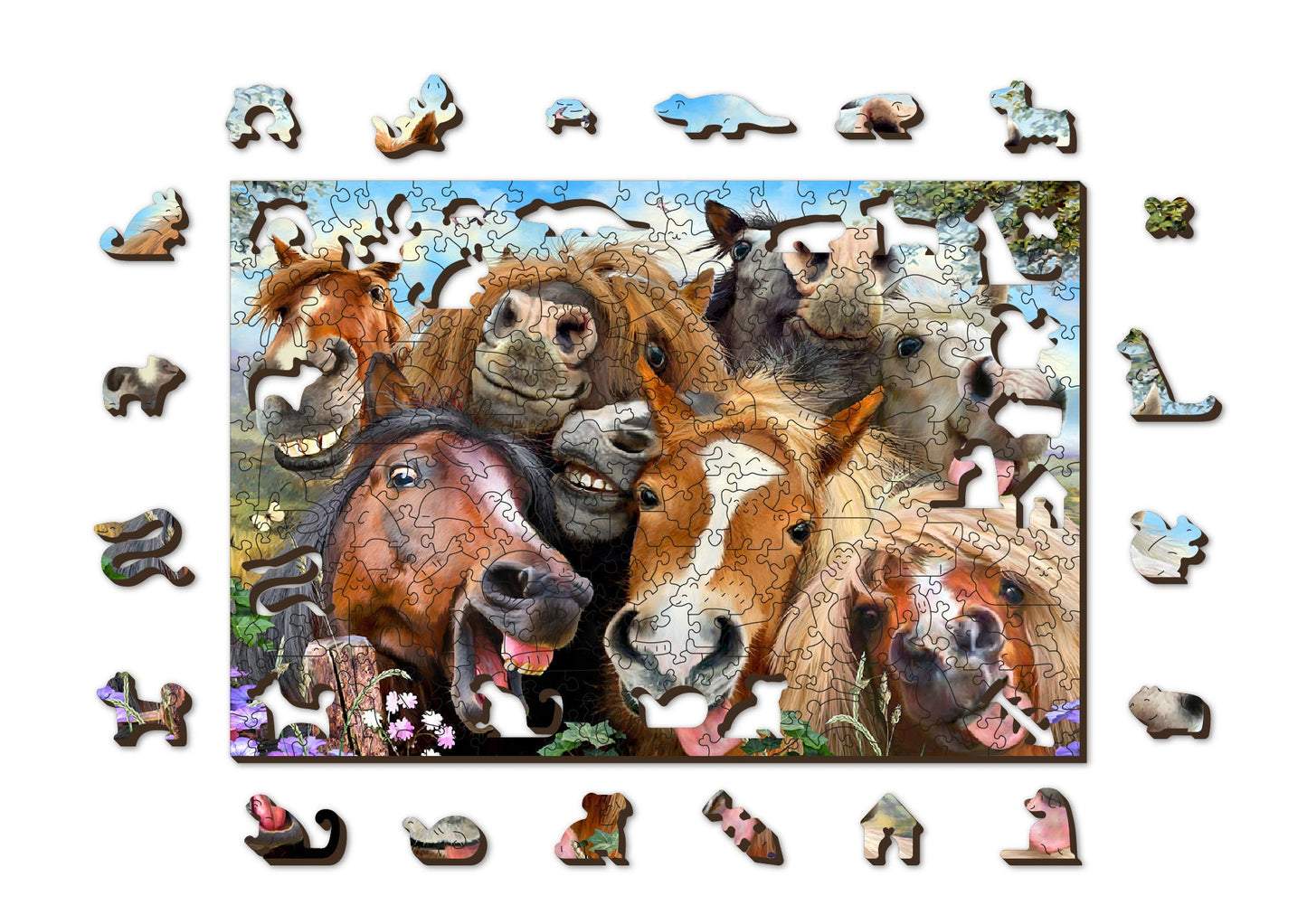 Wooden Jigsaw Puzzle "Horsing Around" 500, 600 pcs Colorful Horse Children Animal Puzzles Unique Unusual Shaped Pieces Wooden City