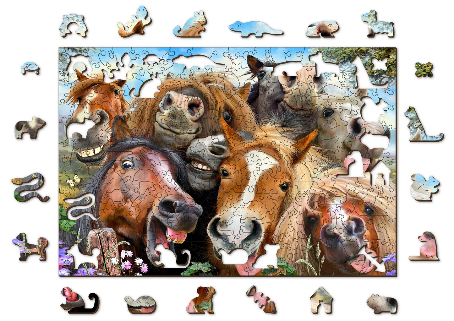 Wooden Jigsaw Puzzle "Horsing Around" 500, 600 pcs Colorful Horse Children Animal Puzzles Unique Unusual Shaped Pieces Wooden City