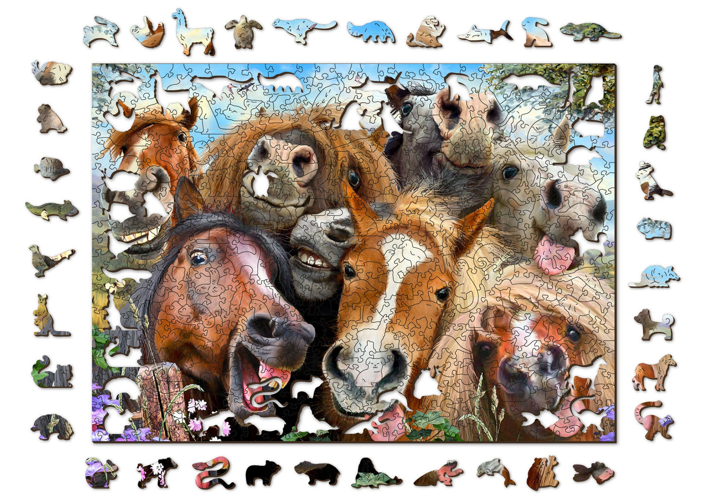 Wooden Jigsaw Puzzle "Horsing Around" 500, 600 pcs Colorful Horse Children Animal Puzzles Unique Unusual Shaped Pieces Wooden City