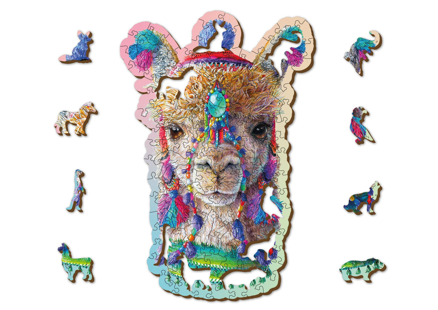 Wooden Jigsaw Puzzle "Mystic Alpaca" 130, 250 pcs Unique Unusual Animal Shaped Pieces Mosaic Puzzle Gifts Kids Adults Wooden City