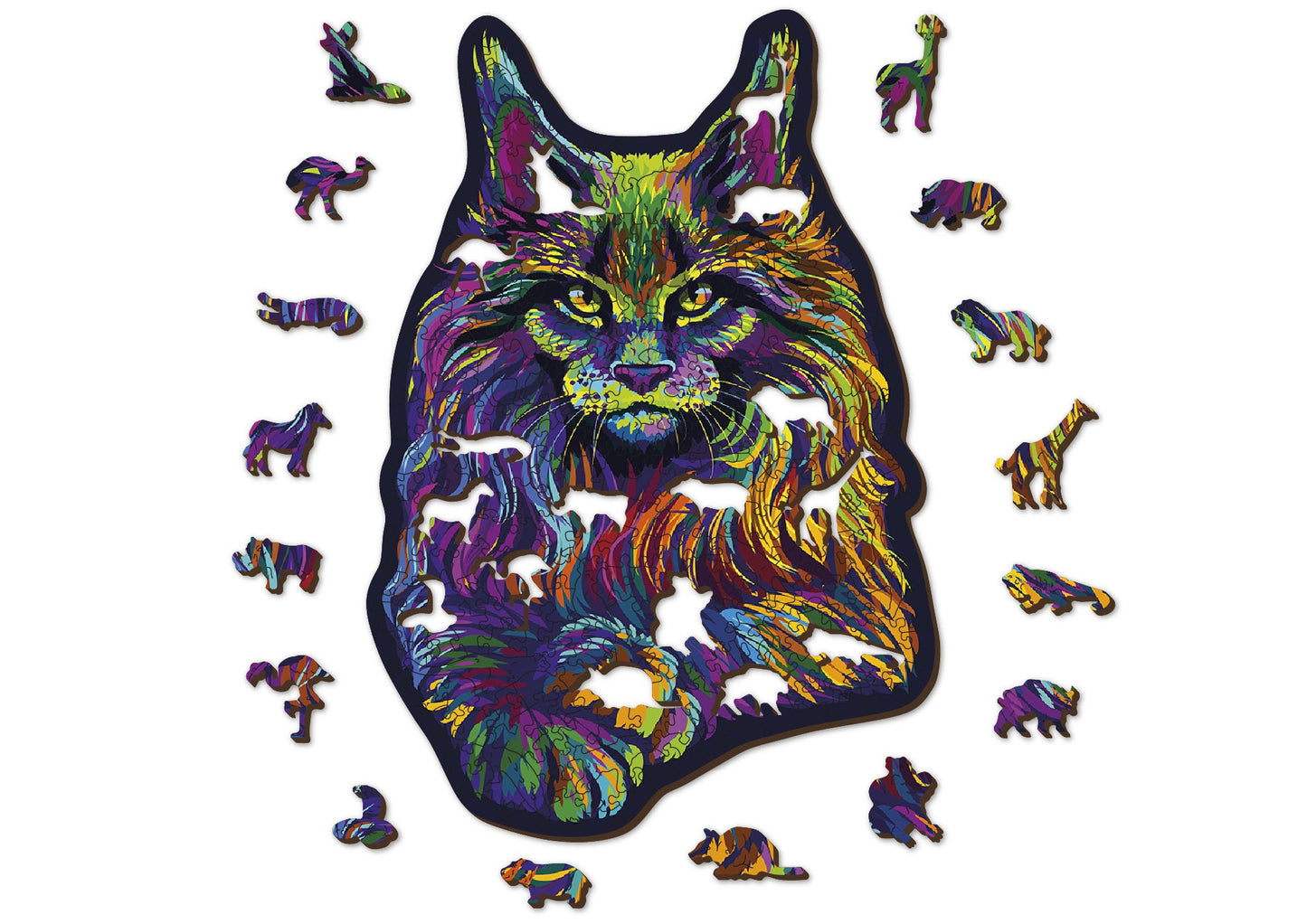 Wooden Jigsaw Puzzle "Rainbow Wildcat" 140, 274 pcs Unique Gradient Animal Shaped Pieces Wood Mosaic Gifts Kids Adults Wooden.City