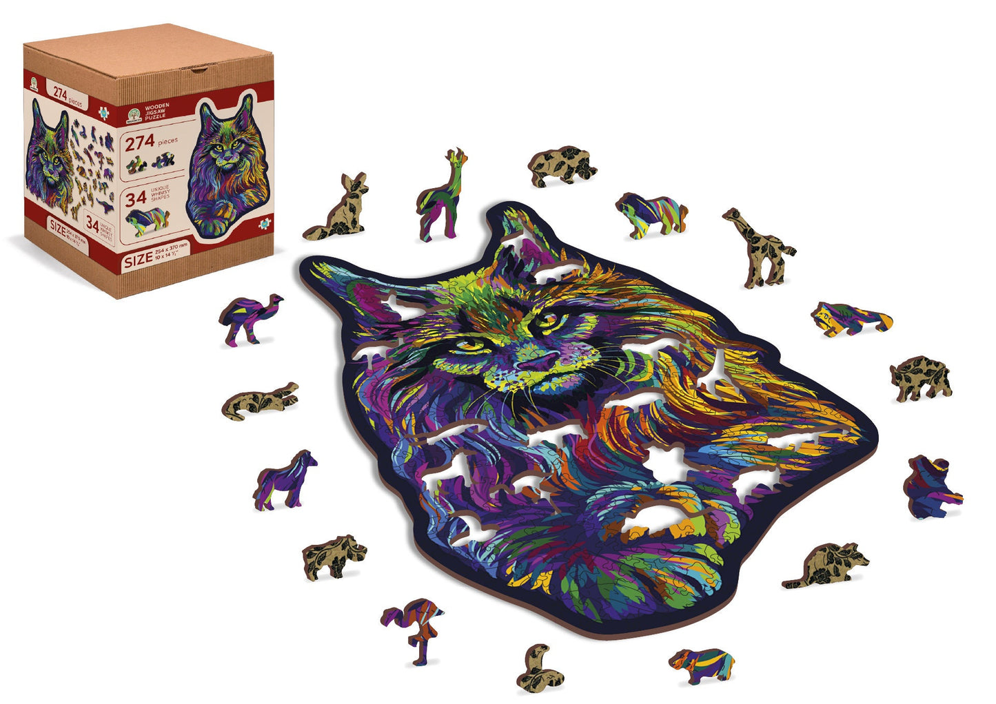 Wooden Jigsaw Puzzle "Rainbow Wildcat" 140, 274 pcs Unique Gradient Animal Shaped Pieces Wood Mosaic Gifts Kids Adults Wooden.City