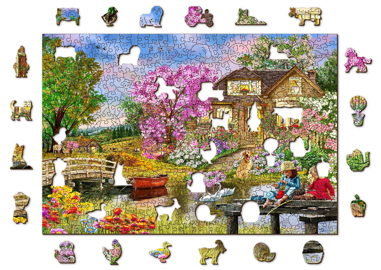 Wooden Jigsaw Puzzle "Springtime Cottage" 200, 500, 1000 pcs Garden Home Adults Kids Unusual Shape Pieces Wooden.City