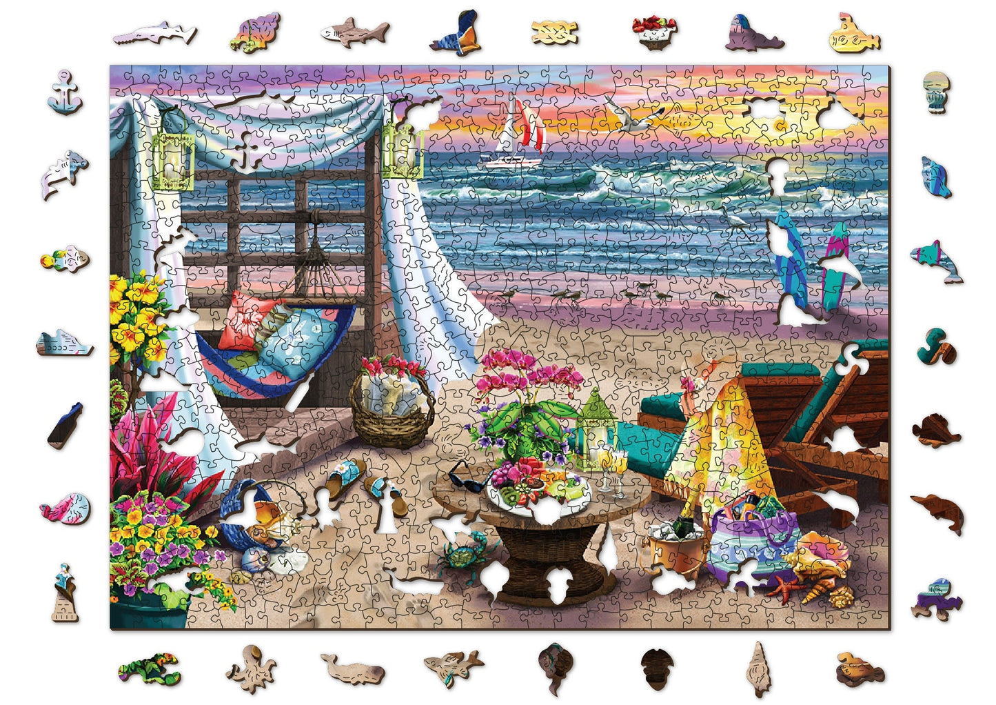 Wooden Jigsaw Puzzle "Summertime" 200, 500, 750, 1000 pcs Beach Oasis Adults Kids Landscape Unique Shaped Pieces Wooden.City