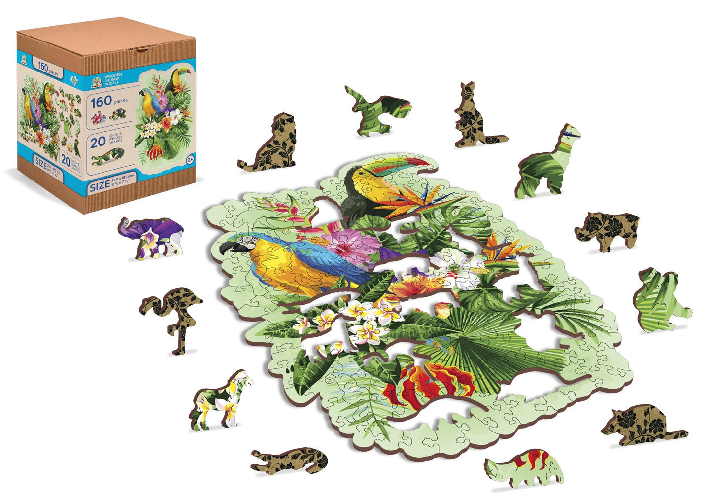 Wooden Jigsaw Puzzle "Tropical Birds" 160, 300 pcs Unique Unusual Cool Shaped Pieces Mosaic Kids Adults Wooden.City