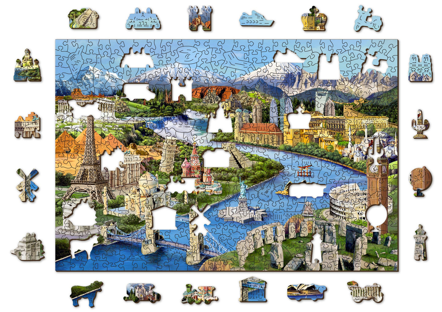 Wooden Jigsaw Puzzle - World Landmarks - 505 pcs Travel Kids Adults Unique Shaped Pieces Wooden.City