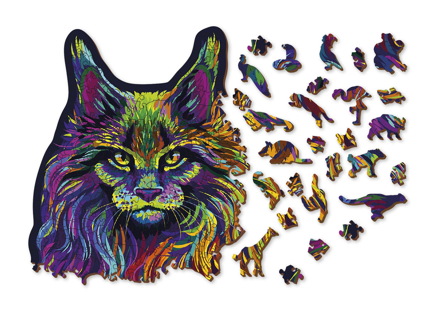 Wooden Jigsaw Puzzle "Rainbow Wildcat" 140, 274 pcs Unique Gradient Animal Shaped Pieces Wood Mosaic Gifts Kids Adults Wooden.City