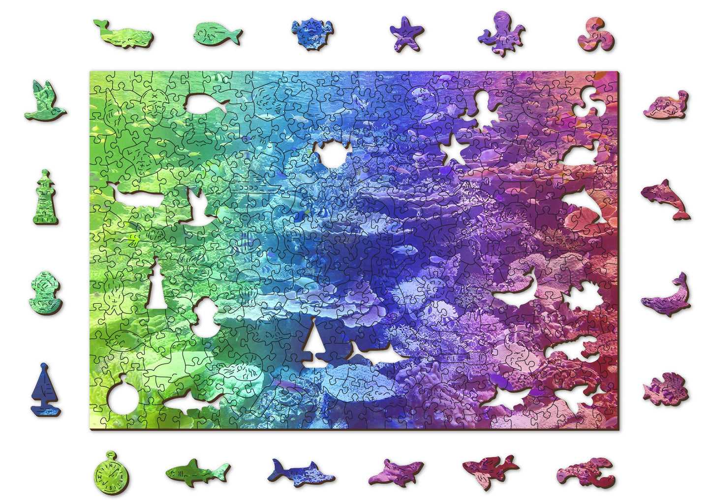 Wooden.City "Coral Reef" 200 400 1000 pcs Rainbow Color Gradient Wooden Jigsaw Puzzle Adults Kids Ocean Unique Unusual Hidden Animal Shapes