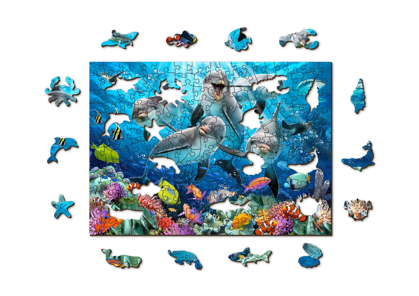 Wooden Jigsaw Puzzle 200, 500+5, 750, 1000+10 pieces "Happy Dolphins" | Family gift |  Wooden City | Birthday gift