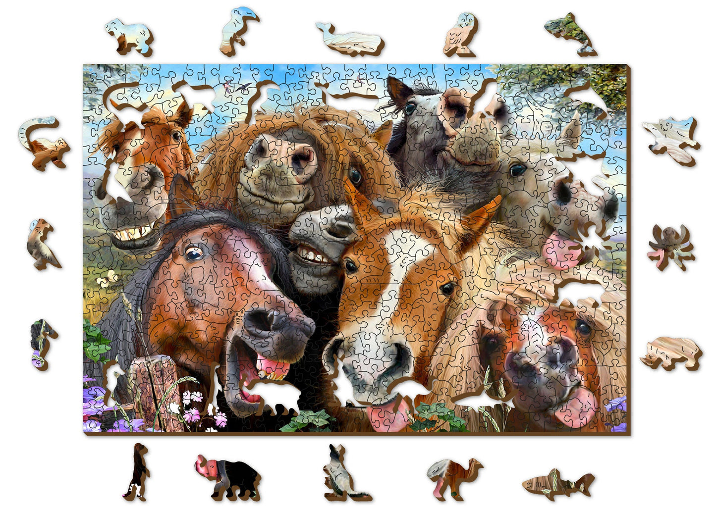 Wooden Jigsaw Puzzle "Horsing Around" 500, 600 pcs Colorful Horse Children Animal Puzzles Unique Unusual Shaped Pieces Wooden City