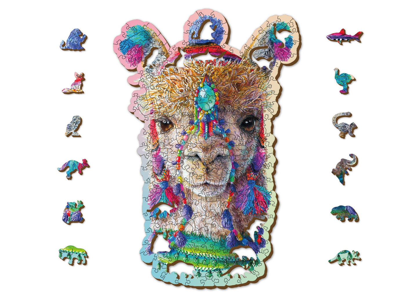 Wooden Jigsaw Puzzle "Mystic Alpaca" 130, 250 pcs Unique Unusual Animal Shaped Pieces Mosaic Puzzle Gifts Kids Adults Wooden City