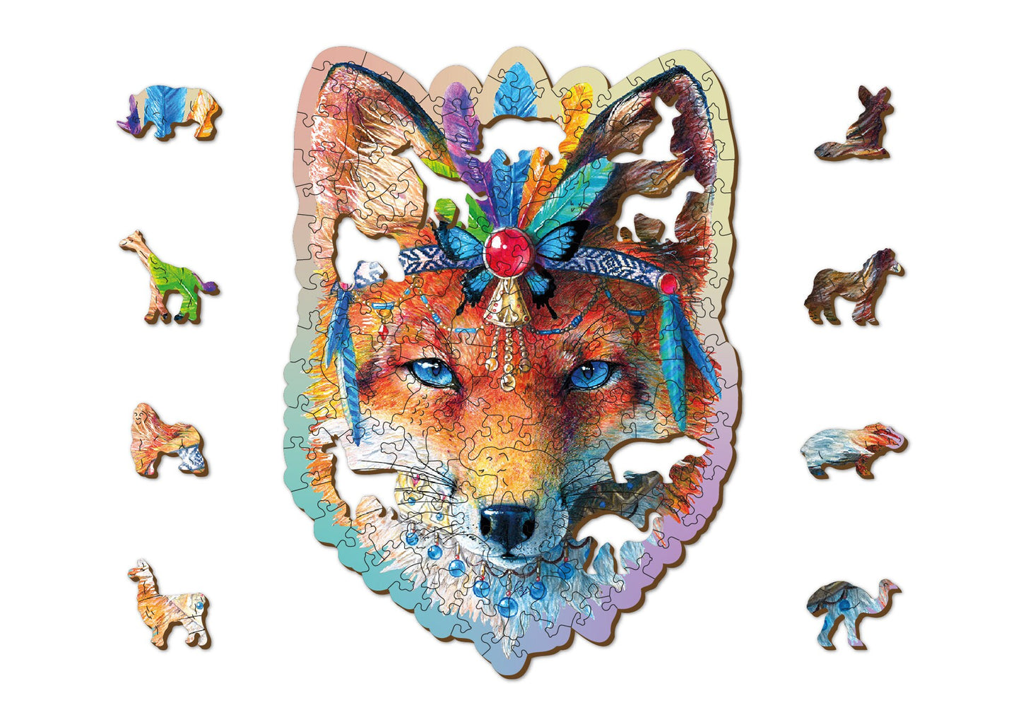 Wooden Jigsaw Puzzle "Mystic Fox" 150, 250 pcs Unique Unusual Animal Shaped Pieces Mosaic Puzzle Gifts Kids Adults Wooden City