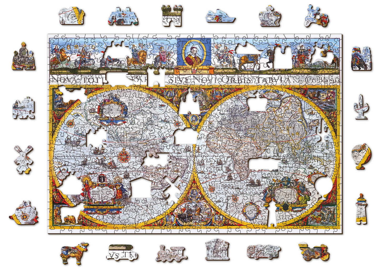 Wooden Jigsaw Puzzle "Map Nova Terrarum" 200, 500, 1000 pcs Antique Adults Kids Colourful Unique Shaped Pieces Wooden.City