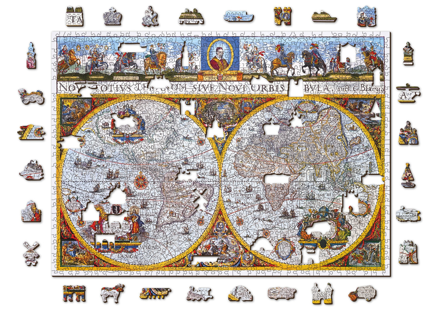 Wooden Jigsaw Puzzle "Map Nova Terrarum" 200, 500, 1000 pcs Antique Adults Kids Colourful Unique Shaped Pieces Wooden.City