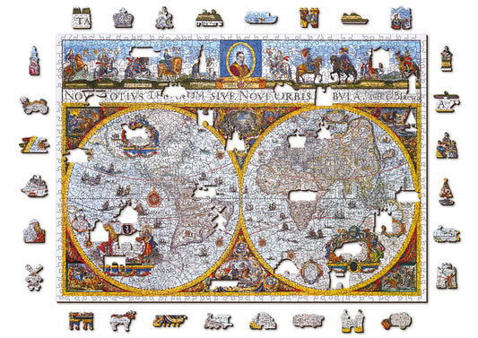 Wooden Jigsaw Puzzle "Map Nova Terrarum" 200, 500, 1000 pcs Antique Adults Kids Colourful Unique Shaped Pieces Wooden.City