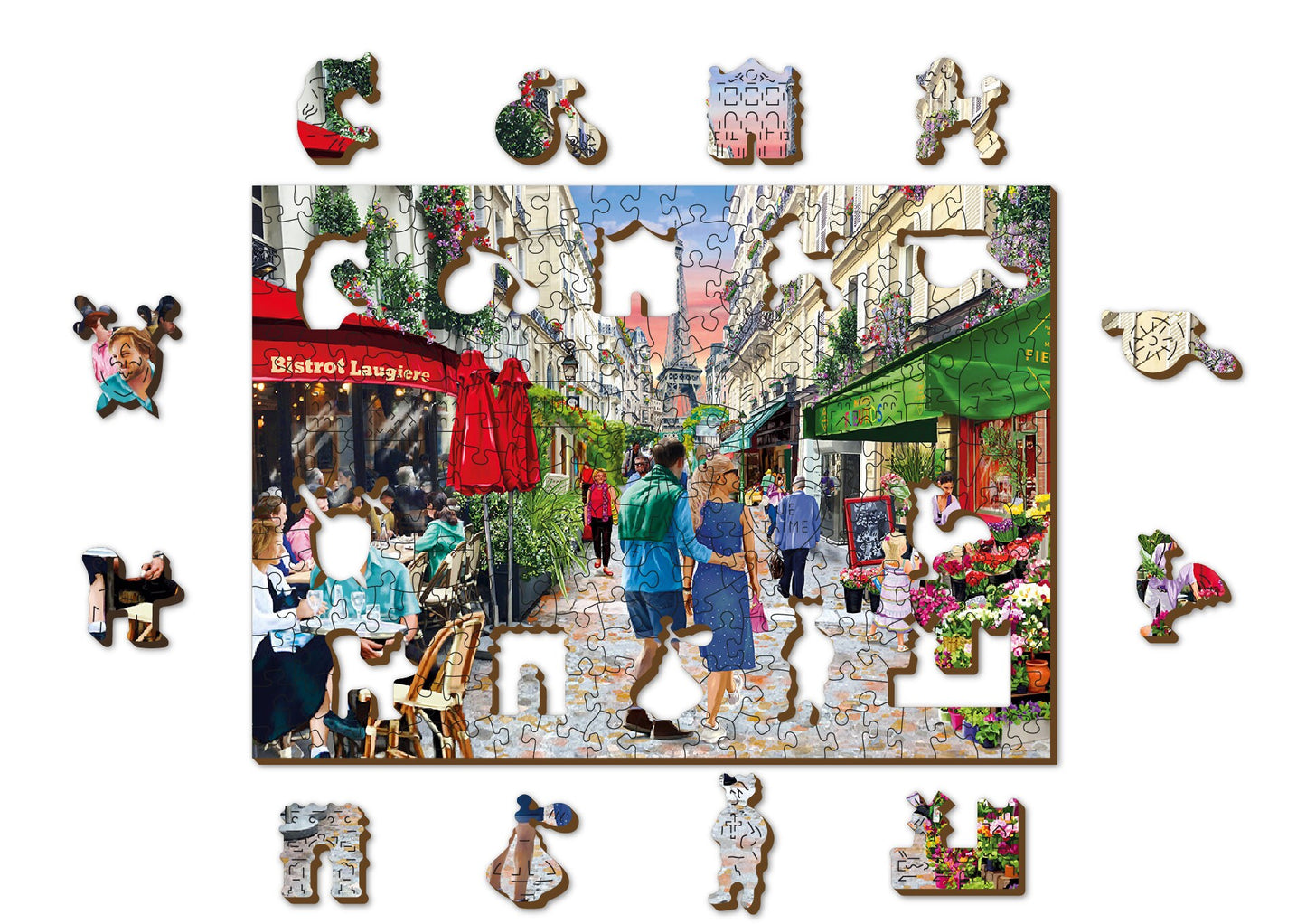 Wooden Jigsaw Puzzle "Paris Bistro" 200, 500, 750, 1000 pcs Landscape Eiffel Unique Shaped Pieces Adults Kids Wooden.City